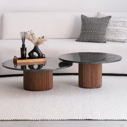 Tables Basses Gigognes Japandi Fuu en Marbre Noir et Bois – Design Élégant