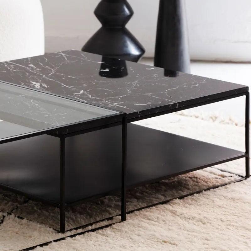 Tables Basses Gigognes Carrées Japandi Nuaji – Marbre Noir, Verre et Métal