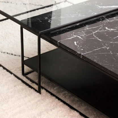 Tables Basses Gigognes Carrées Japandi Nuaji – Marbre Noir, Verre et Métal