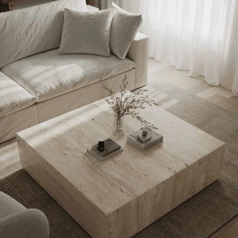 Table Basse Cubique Japandi Travertin Yami – Design Minimaliste