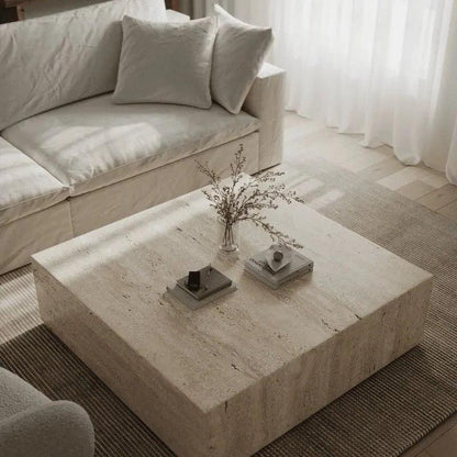 Table Basse Cubique Japandi Travertin Yami – Design Minimaliste