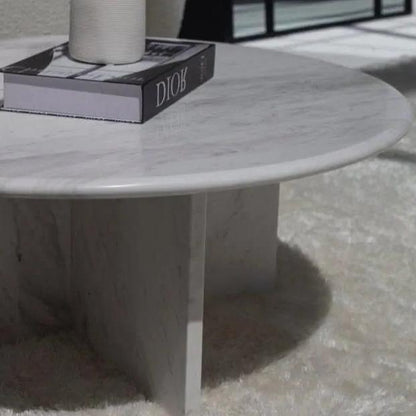 Table Basse Japandi Sten en Marbre blanc – Plateau rond et base croisée