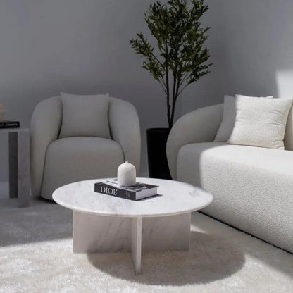 Table Basse Japandi Sten en Marbre blanc – Plateau rond et base croisée