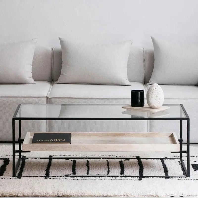 Table Basse Japandi Løv en Verre et Travertin – Design Moderne et Minimaliste