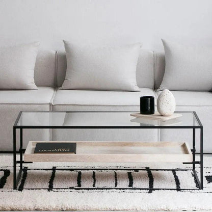 Table Basse Japandi Løv en Verre et Travertin – Design Moderne et Minimaliste