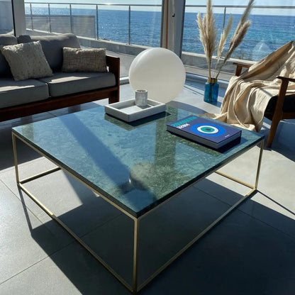 Table Basse Japandi Sei en Marbre vert – Design épuré et piètement minimaliste