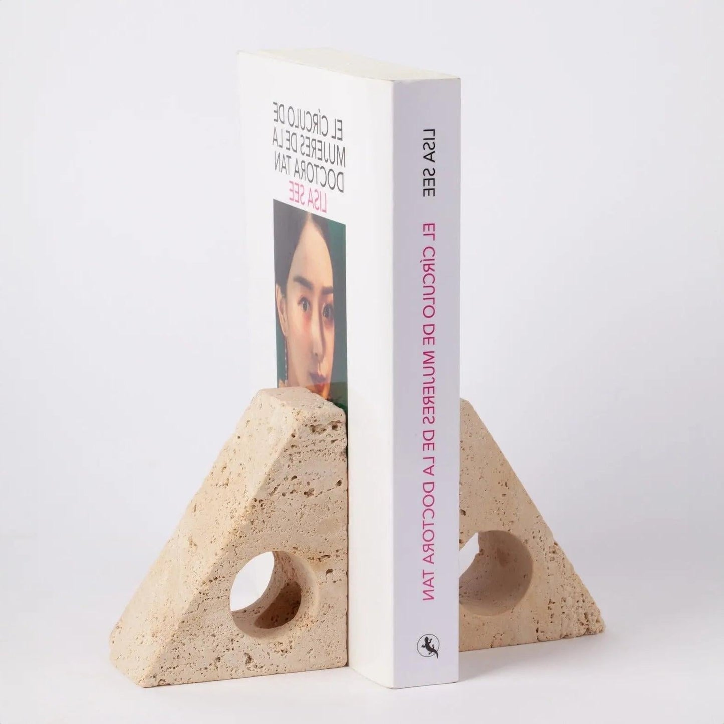 Serre-Livres Japandi et Bougeoir en Travertin Beige Tomoe