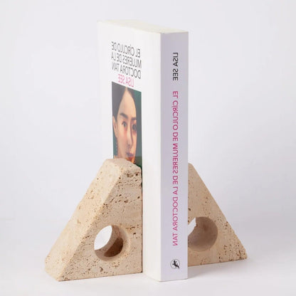Serre-Livres Japandi et Bougeoir en Travertin Beige Tomoe