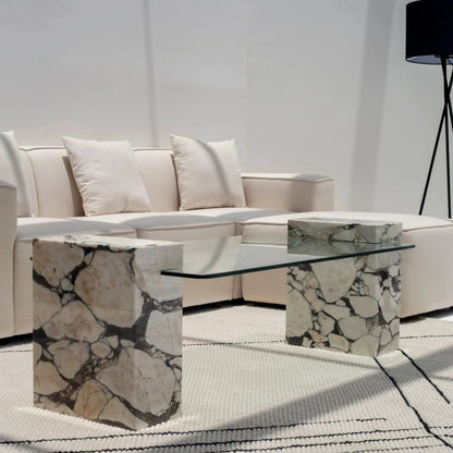 Table Basse Japandi Mori en Marbre Calacatta & Verre – Design contemporain