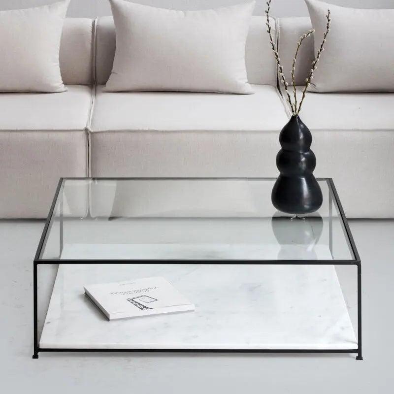 Table Basse Carrée Japandi Gin – Verre et Marbre Blanc Naturel