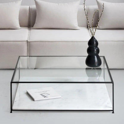 Table Basse Carrée Japandi Gin – Verre et Marbre Blanc Naturel