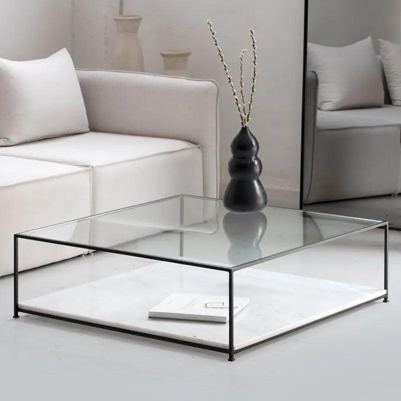 Table Basse Carrée Japandi Gin – Verre et Marbre Blanc Naturel