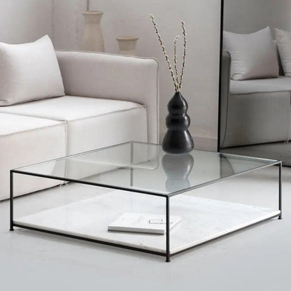 Table Basse Carrée Japandi Gin – Verre et Marbre Blanc Naturel