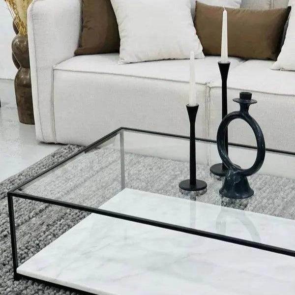Table Basse Rectangulaire Japandi Shio – Verre et Marbre Blanc