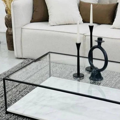 Table Basse Rectangulaire Japandi Shio – Verre et Marbre Blanc