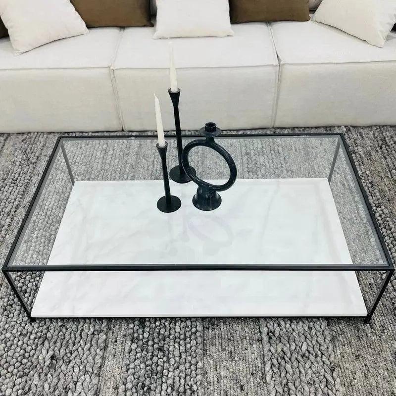 Table Basse Rectangulaire Japandi Shio – Verre et Marbre Blanc