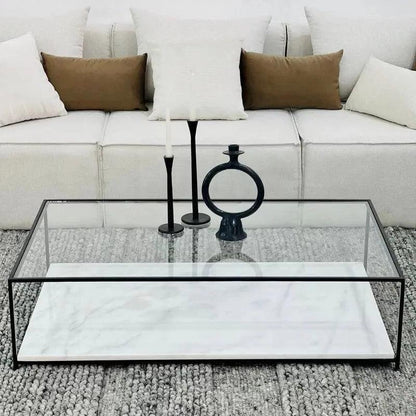 Table Basse Rectangulaire Japandi Shio – Verre et Marbre Blanc