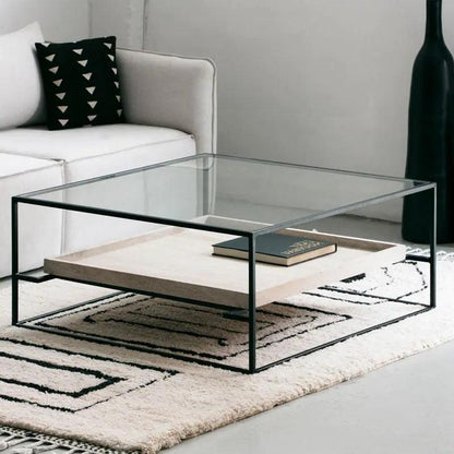 Table Basse Carrée Japandi Is – Verre Trempé et Métal Noir
