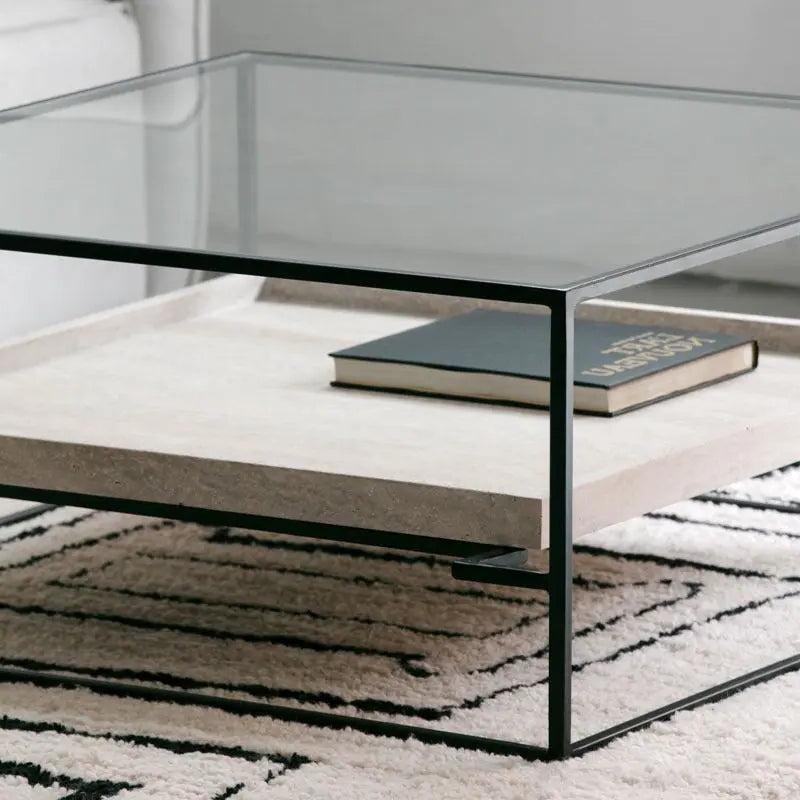 Table Basse Carrée Japandi Is – Verre Trempé et Métal Noir