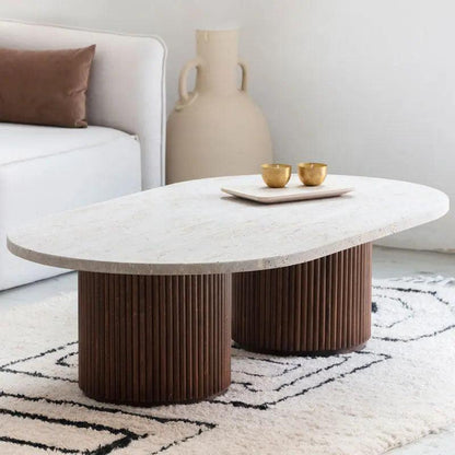 Table Basse Japandi Travertin et Bois An - Style Minimaliste