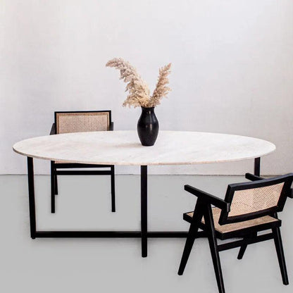 Table à manger ovale Japandi travertin Berg – Piétement métal design
