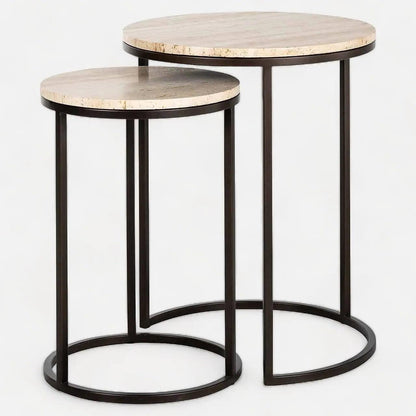 Tables Gigognes en Japandi Travertin et Métal Shimo - Tables d’Appoint Design