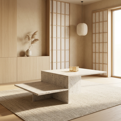 Table basse japandi en travertin — Maison Japandi