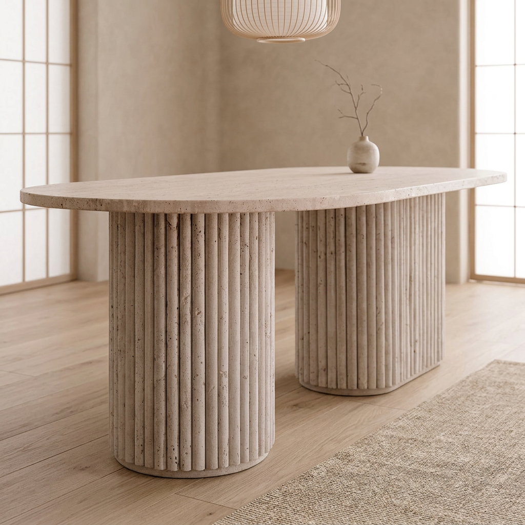 Détail travertin naturel — Bureau japandi Shin | Maison Japandi