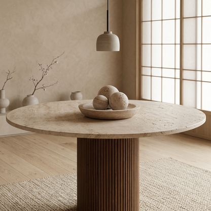 Détail travertin naturel — Table à manger japandi Nagare | Maison Japandi