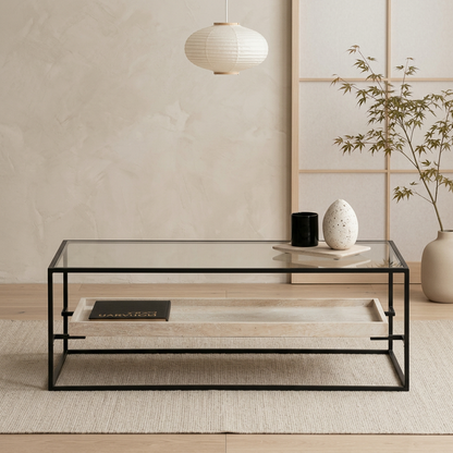 Table basse japandi Verre en travertin — Maison Japandi