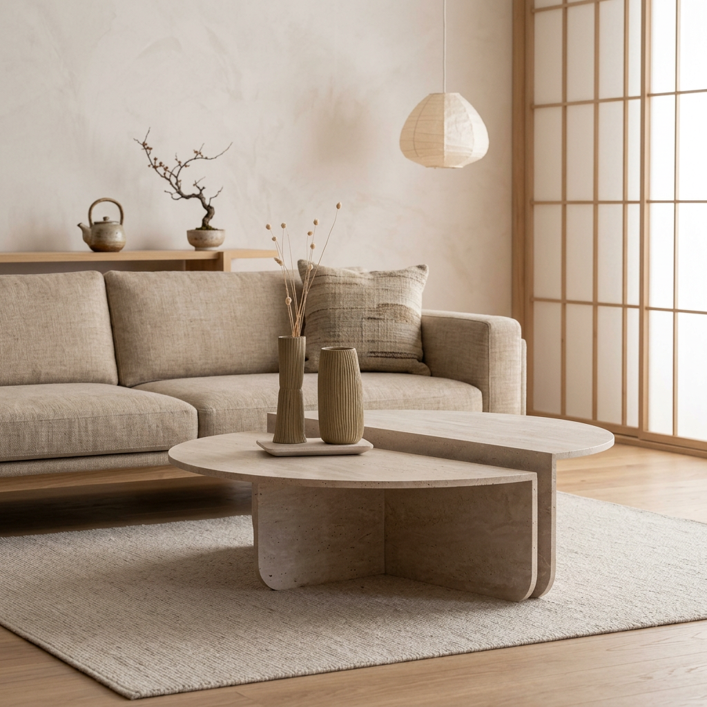 Vue de profil table basse japandi Kiri en travertin wabi-sabi | Maison Japandi