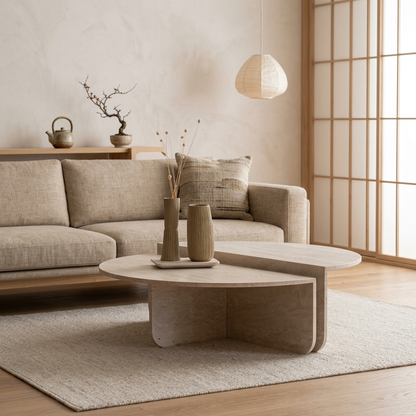 Vue de profil table basse japandi Kiri en travertin wabi-sabi | Maison Japandi