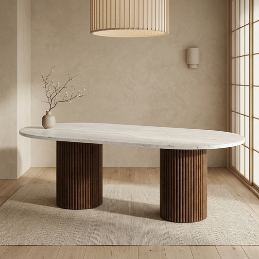 Détail travertin naturel — Table à manger japandi Aki | Maison Japandi