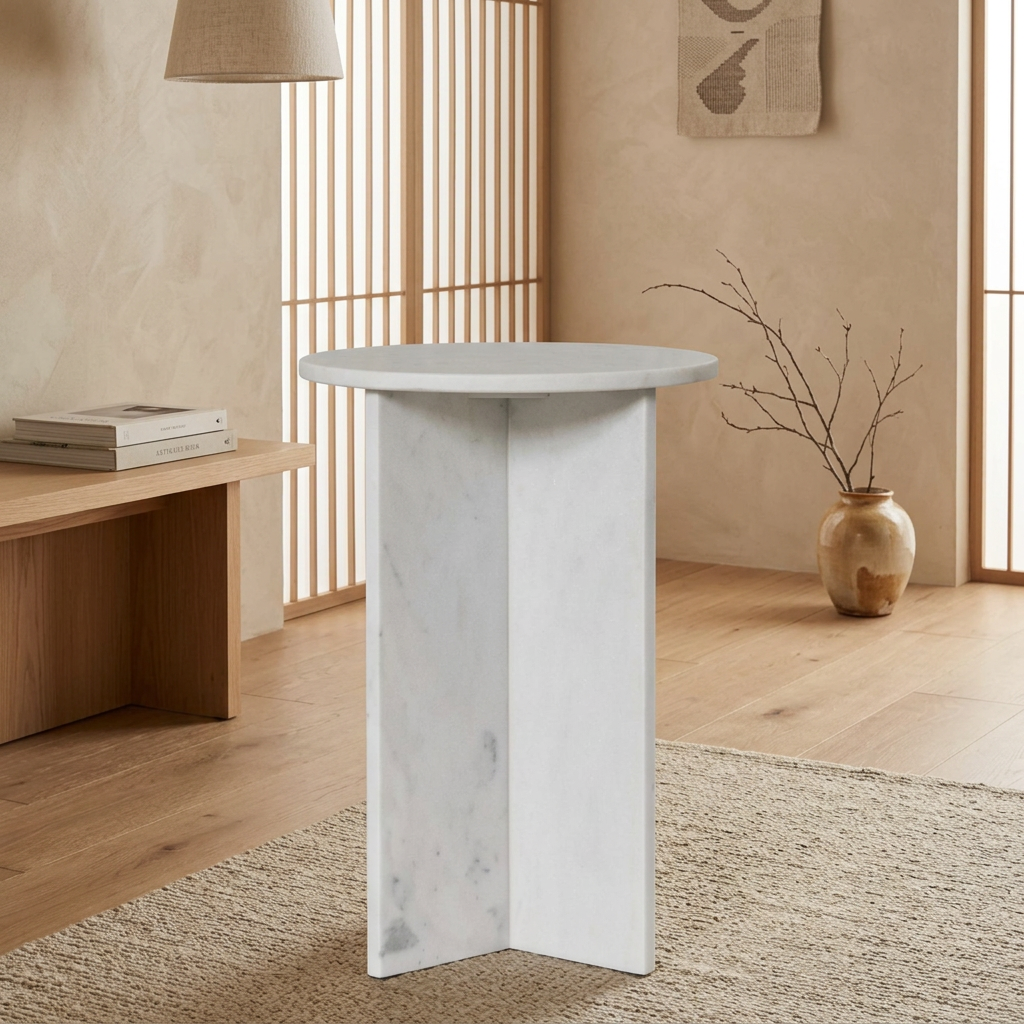 Table de chevet japandi Tables dans un intérieur japandi — Marbre blanc | Maison Japandi