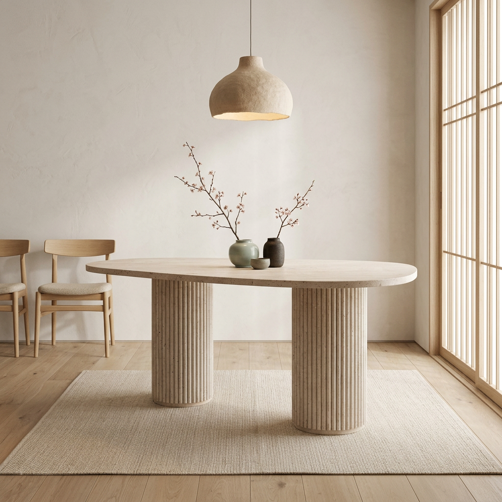 Vue de profil table à manger japandi Seki en travertin wabi-sabi | Maison Japandi