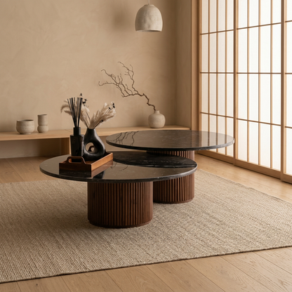 Vue de profil table japandi Tables en marbre noir wabi-sabi | Maison Japandi