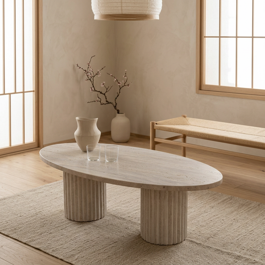 Table basse japandi Gan dans un intérieur japandi — Travertin | Maison Japandi