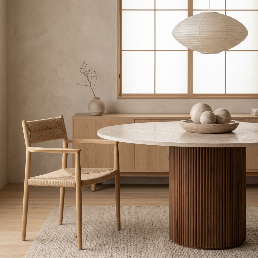Vue de profil table à manger japandi Nagare en travertin wabi-sabi | Maison Japandi