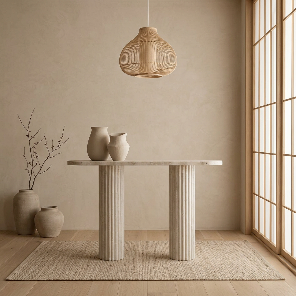 Vue de profil console japandi Daichi en travertin wabi-sabi | Maison Japandi