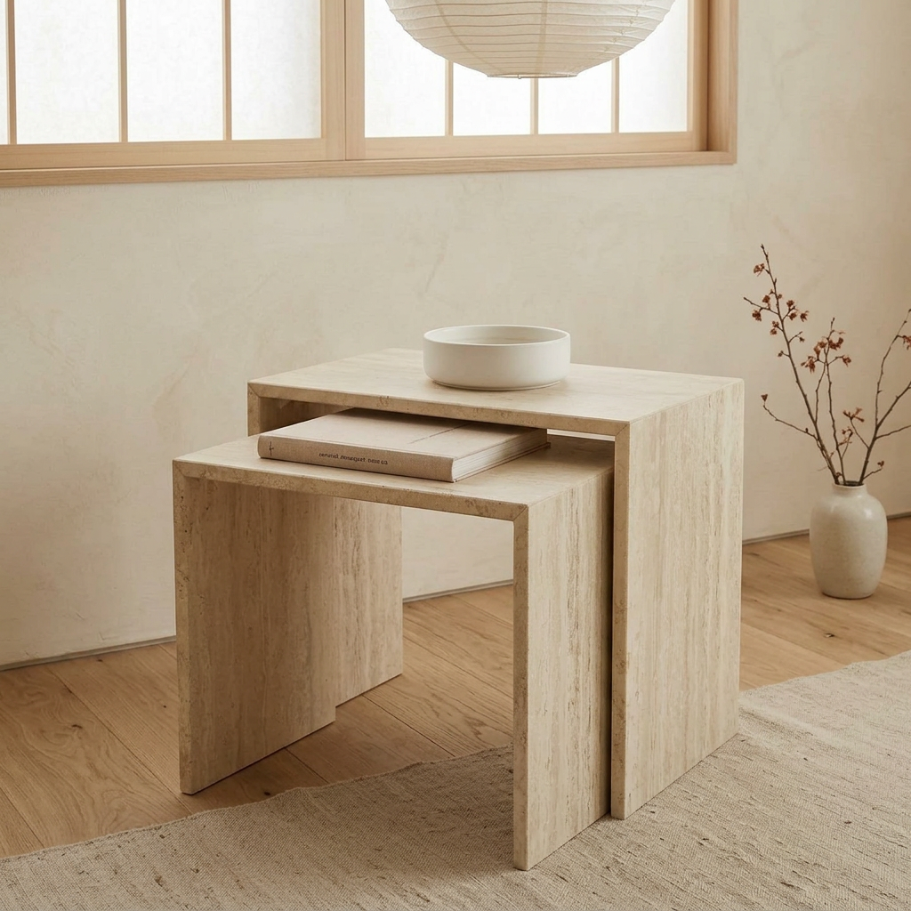 Plateau travertin — table japandi Duo artisanal | Maison Japandi
