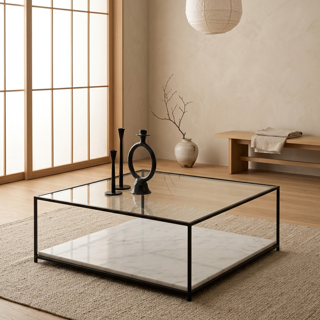 Détail marbre blanc naturel — Table basse japandi Shio | Maison Japandi