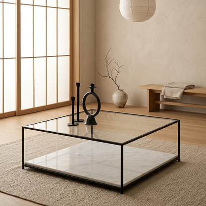 Détail marbre blanc naturel — Table basse japandi Shio | Maison Japandi