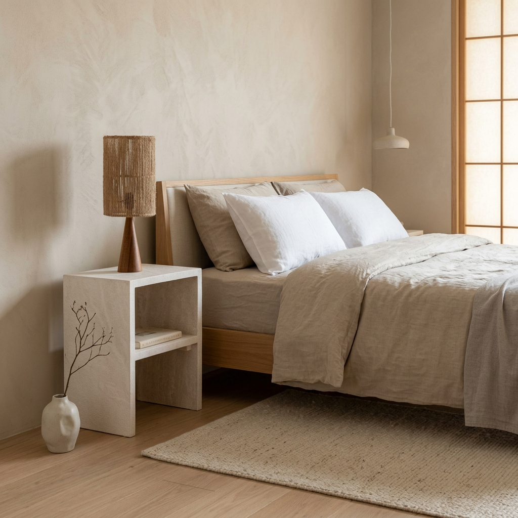 Vue de profil table de chevet japandi Myr en travertin wabi-sabi | Maison Japandi