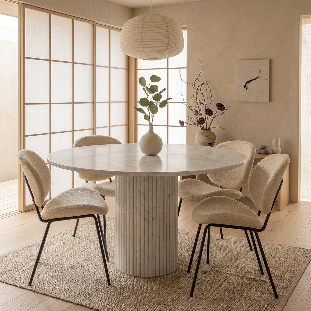 Détail marbre blanc naturel — Table à manger japandi Niji | Maison Japandi