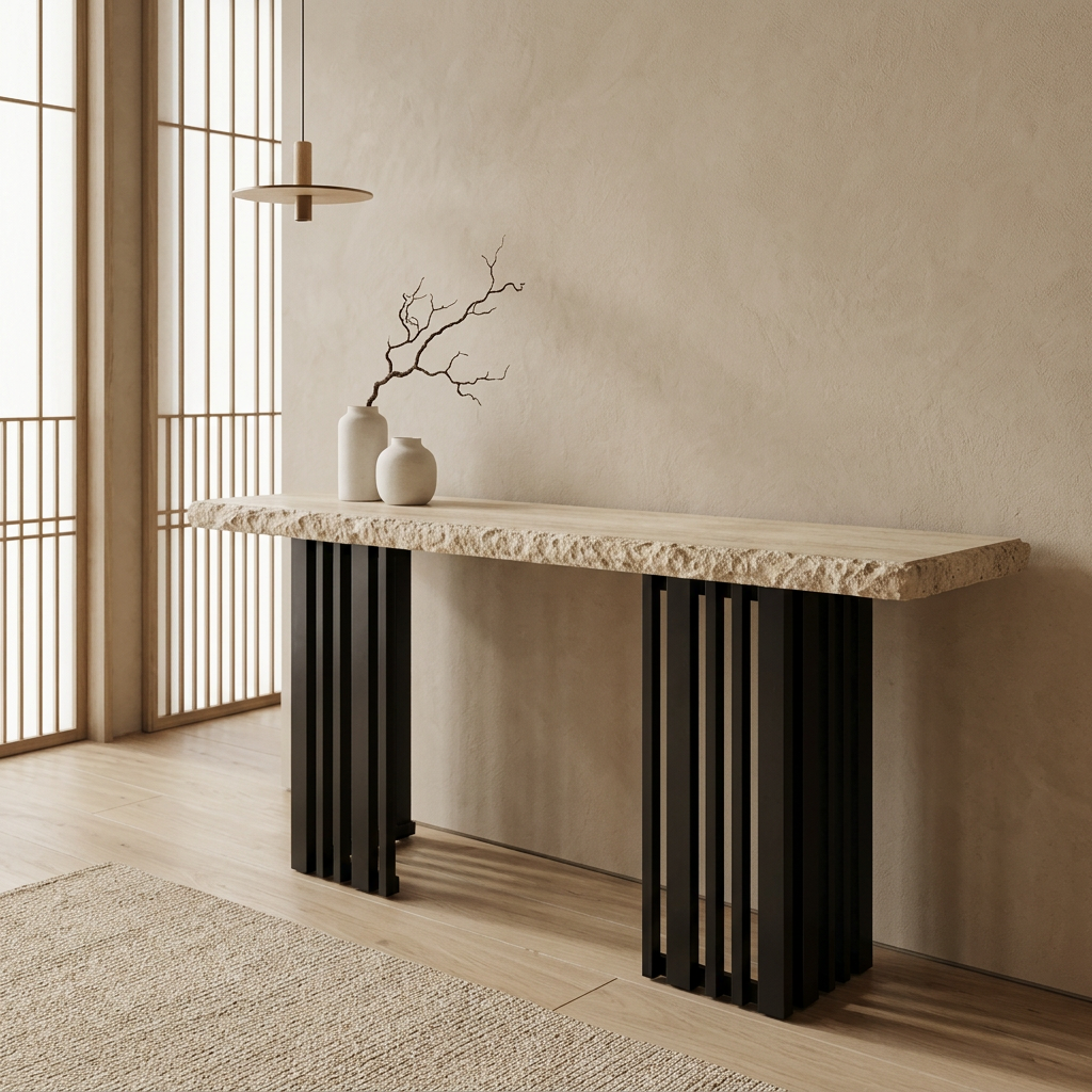 Détail travertin naturel — Console japandi Arashi | Maison Japandi
