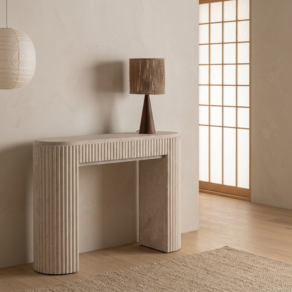 Vue de profil console japandi Strié en travertin wabi-sabi | Maison Japandi