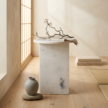 Plateau marbre blanc — table de chevet japandi Koe artisanal | Maison Japandi