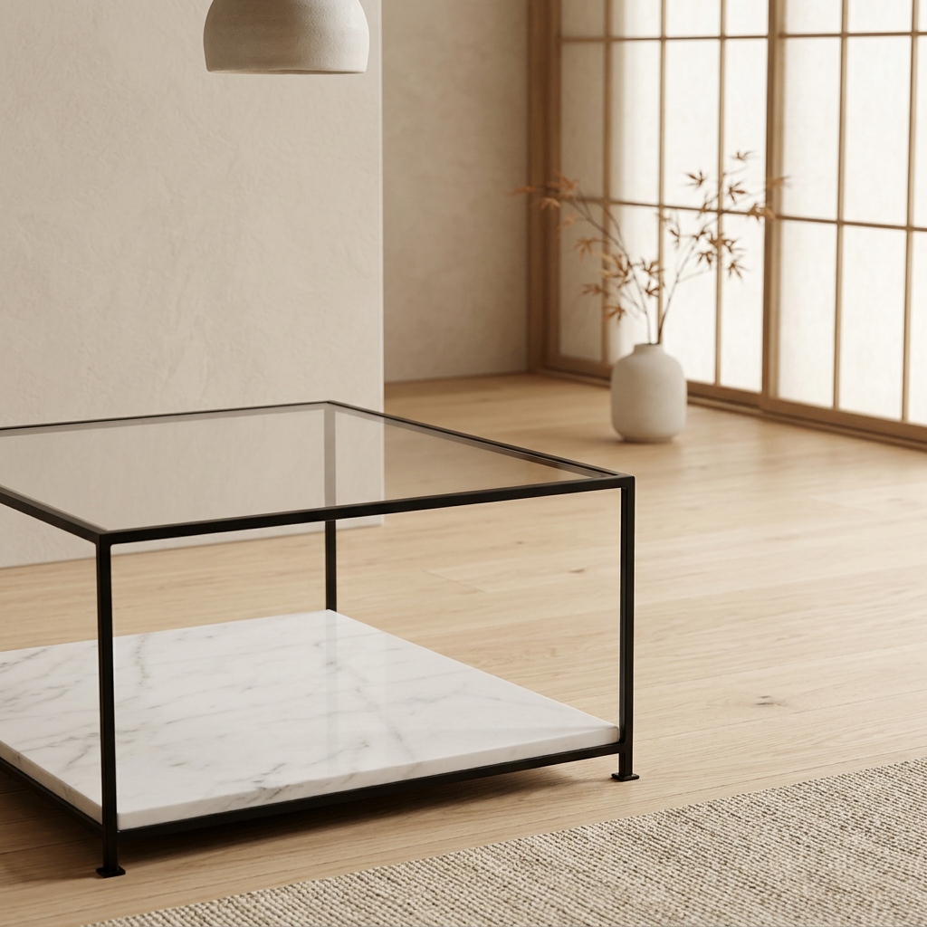 Table basse japandi Shio dans un intérieur japandi — Marbre blanc | Maison Japandi