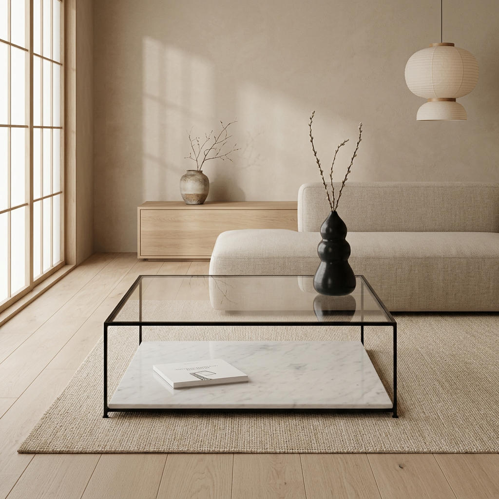 Détail marbre blanc naturel — Table basse japandi Carrée | Maison Japandi