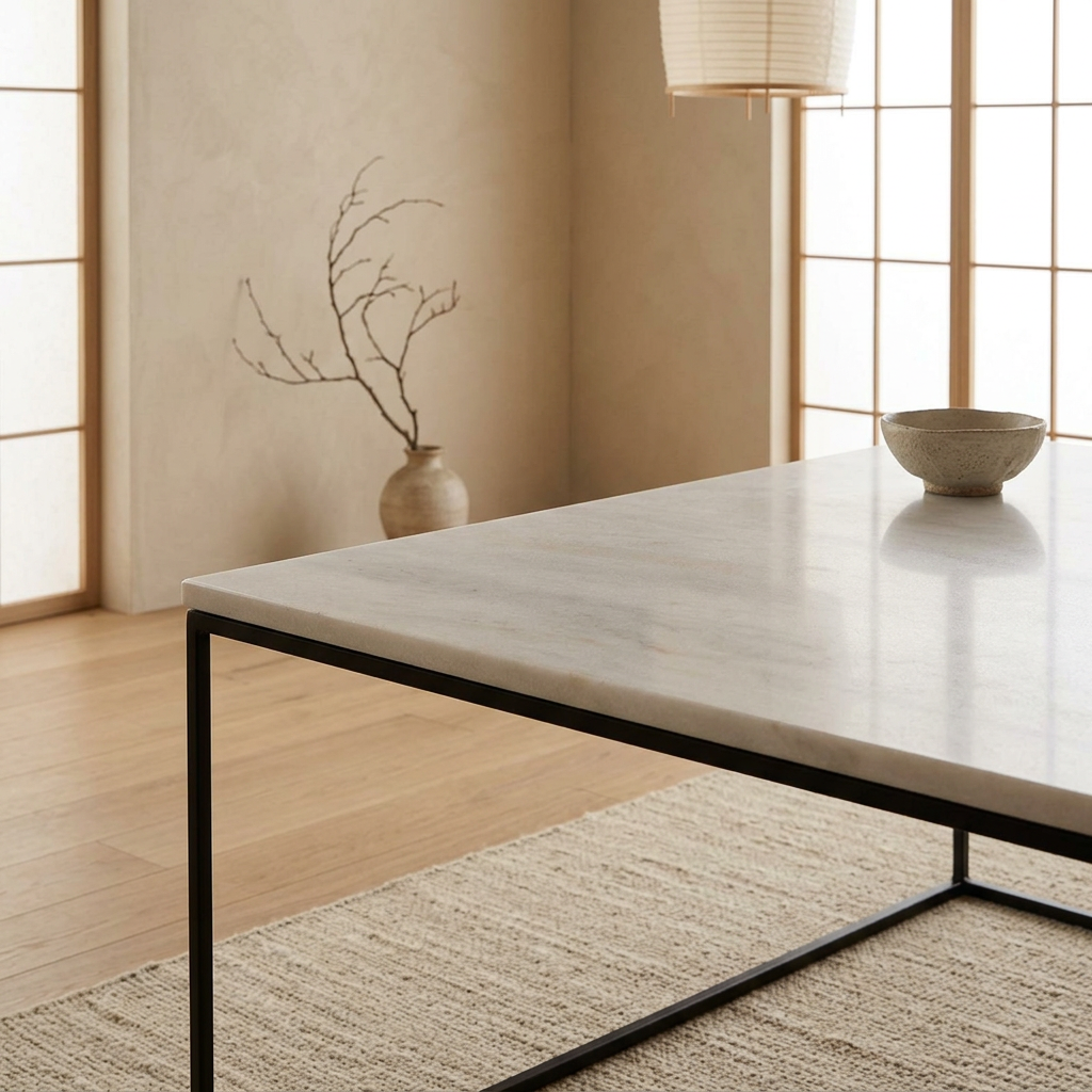 Vue de profil table basse japandi Carrée en marbre wabi-sabi | Maison Japandi
